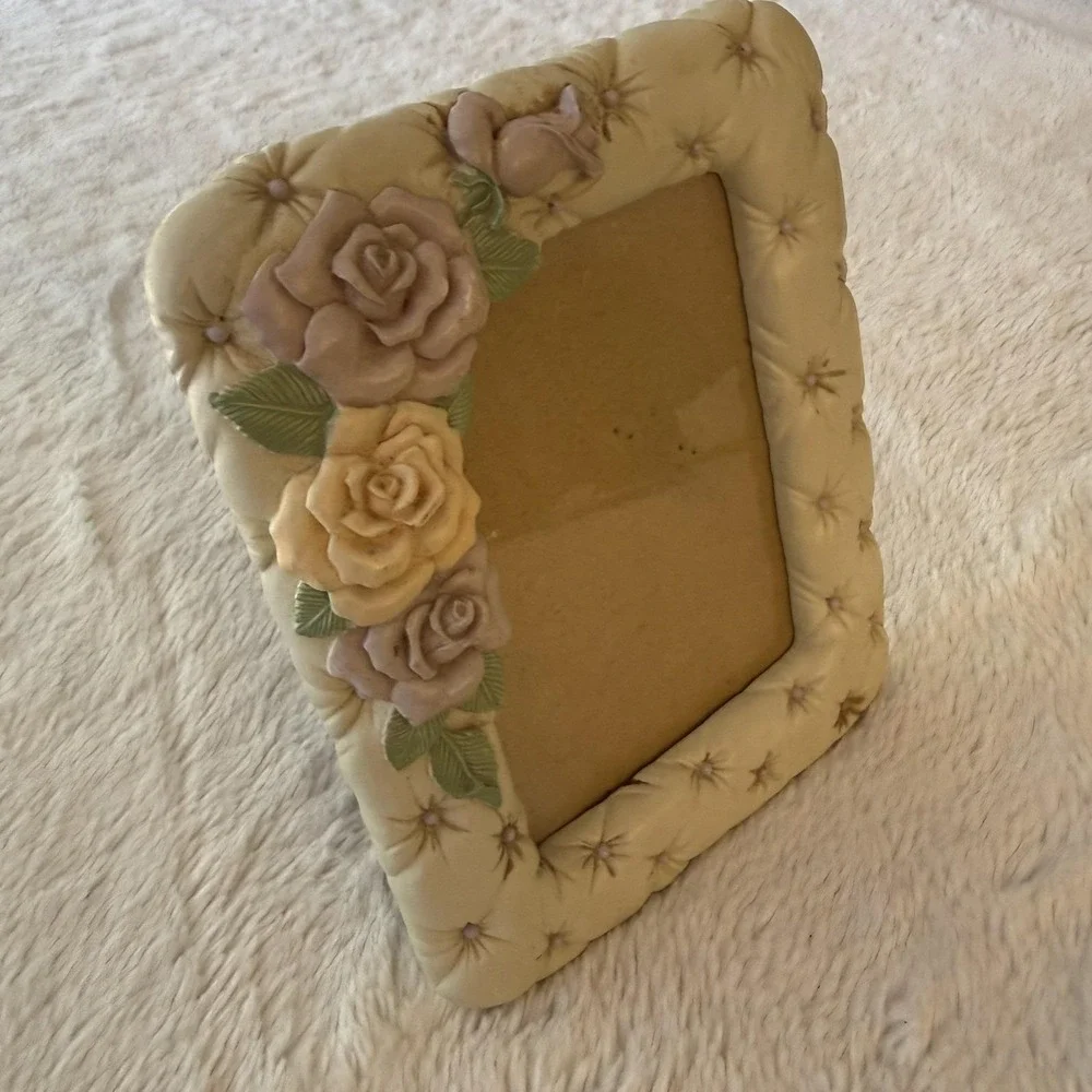 Vintage Picture Frame Lavender Peach Roses Quilted 3x5 Cottagecore